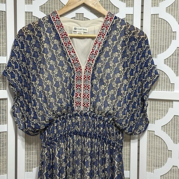 Anthropologie Vineet Bahl Block Print Maxi Dress Women‎ 0 Blue Boho Beaded Fairy - Picture 3 of 12